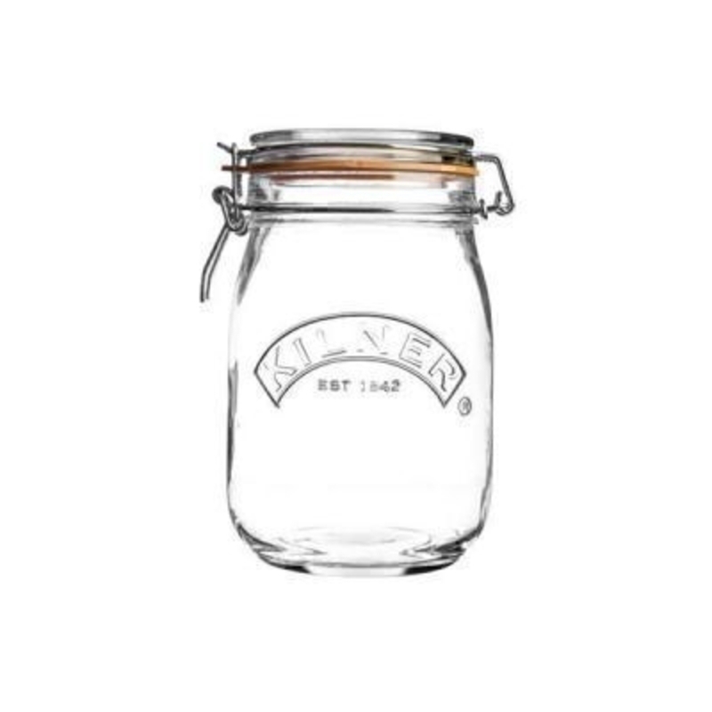 1 Litre Round Clip Top Storage Jar by Kilner Kilner 1litre Round Clip Top Glass Storage Jar has the Kilner brand embossed in the front and is finished with an orange rubber seal. The jars are perfect for storing dry foods stuff and also preserving fruits, jams and chutneys. H 180mm x W 110mm. Dishw